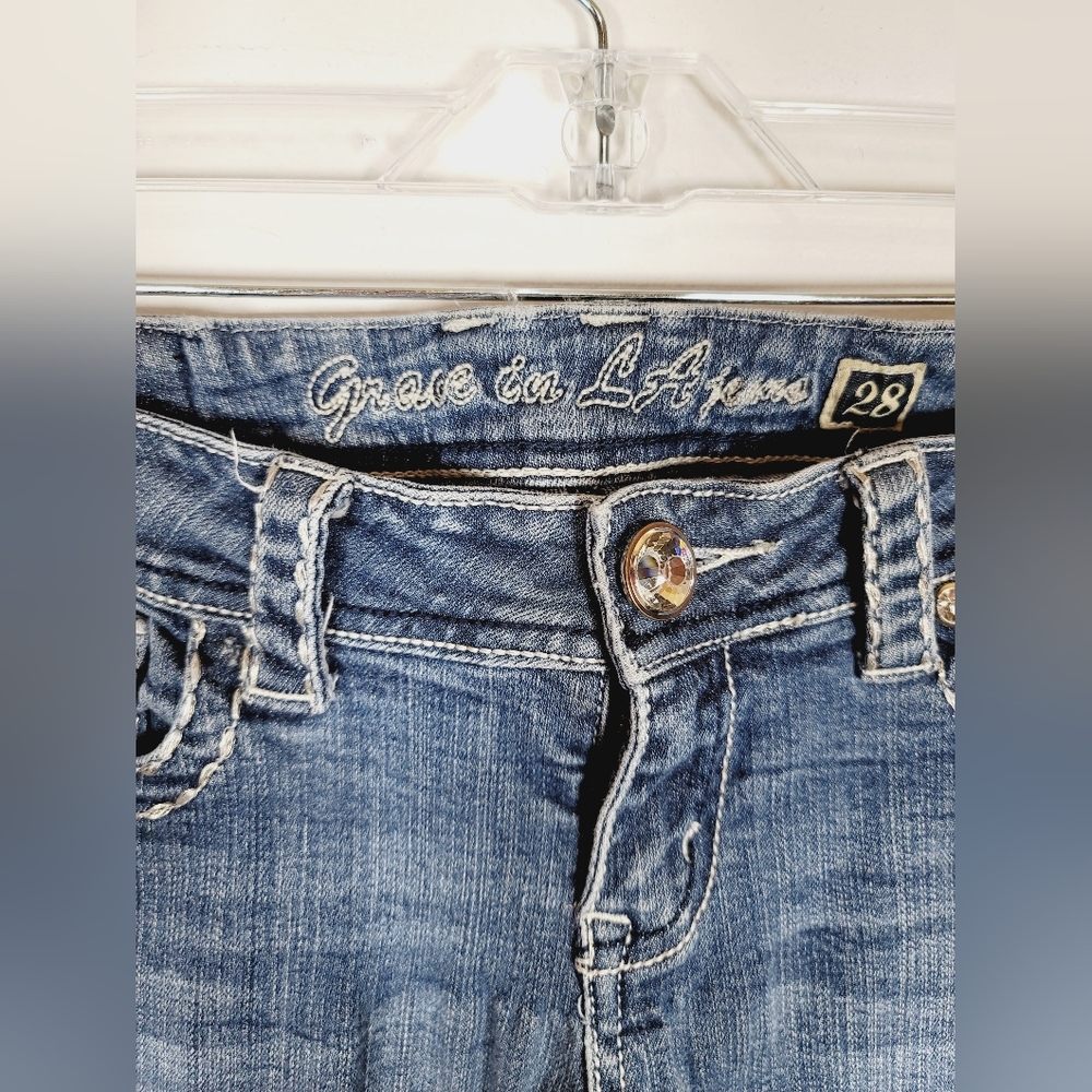 Grace In LA Straight Denim Jeans With Wing Embroidery, Size 28 - Picture 3 of 5